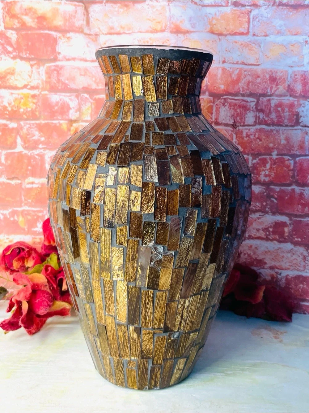 Vintage Three Hands Corp Large Gold Mosaic Statement Urn Vase